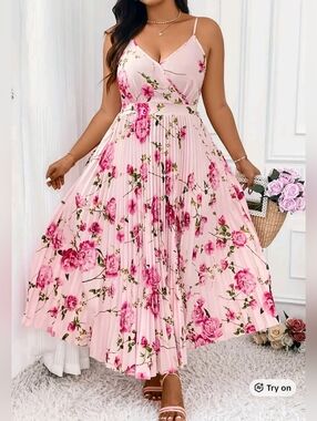 Pink Floral Pleated Maxi Dress